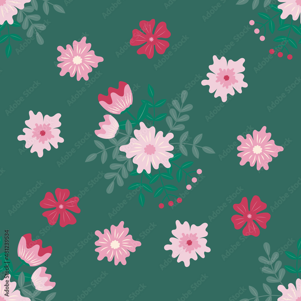 Blooming pink flowers seamless pattern on dark green background. Flowers and plant image for fabric, fashion, wallpapers Blooming pink flowers seamless pattern on dark green background. Flowers and plant image for fabric, fashion, wallpapers