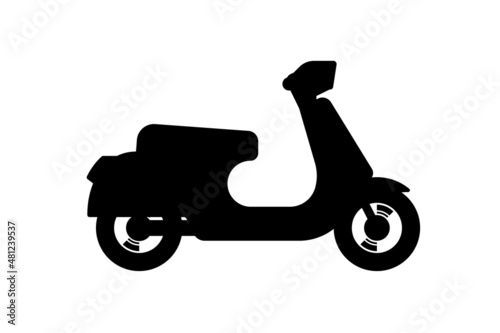 Retro motor scooter black icon. Traditional recreational motorcycle transport road sign. Moped delivery symbol. Vintage motorbike vector eps illustration isolated on white background