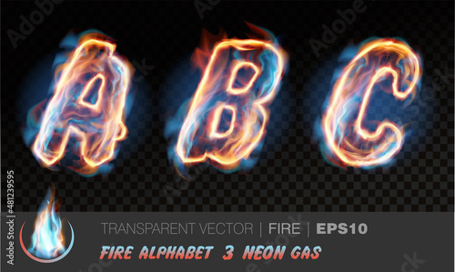 Alphabet of neon gas fire. Transparent realistic vector on dark background. Fiery font with light effect for your text. Letters ABC