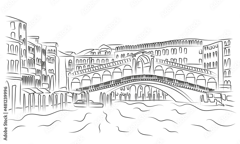 Rialto Bridge and Grand Canal in Venice, Italy. Black and white outline hand drawn vector sketch