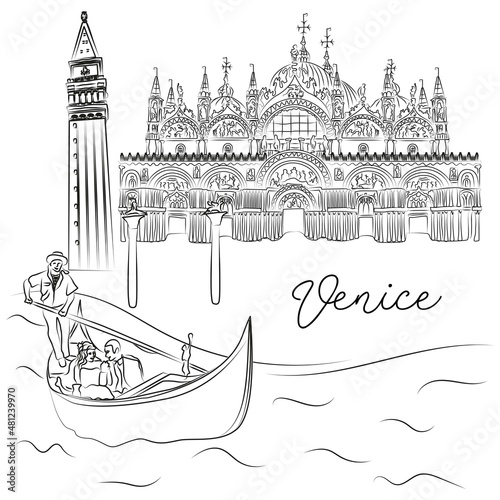 The gondolier swims in front of the Campanile, St. Mark Cathedral and the Columns of San Marco and San Teodoro in Venice, Italy. Black and white outline hand drawn vector sketch