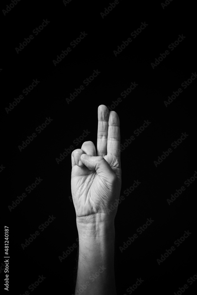 B+W image of hand demonstrating Chinese sign language letter H isolated against black background B+W image of hand demonstrating Chinese sign language letter H isolated against black background