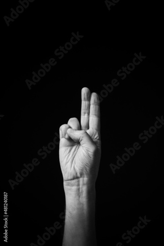 B+W image of hand demonstrating Chinese sign language letter H isolated against black background