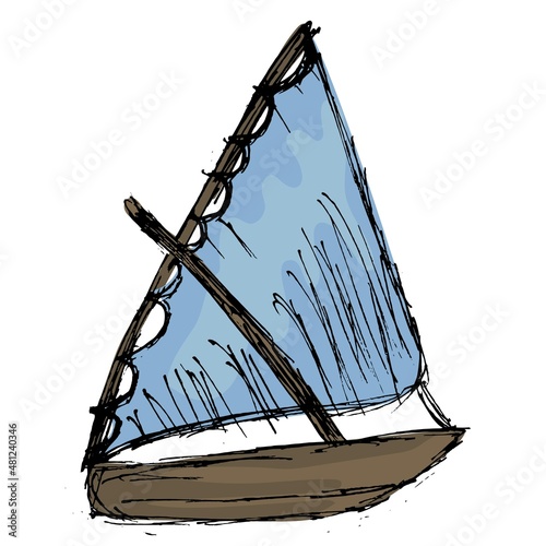Wooden sailboat with blue sails. Hand-drawn color vector illustration isolated on transparent background