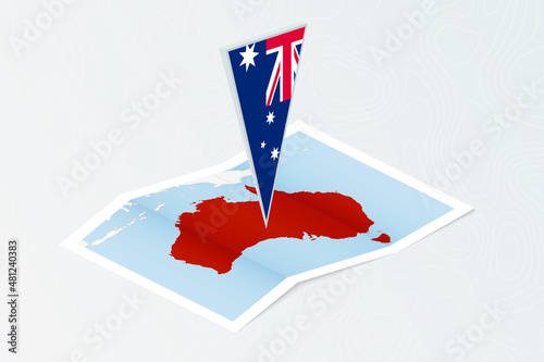 Isometric paper map of Australia with triangular flag of Australia in isometric style. Map on topographic background.