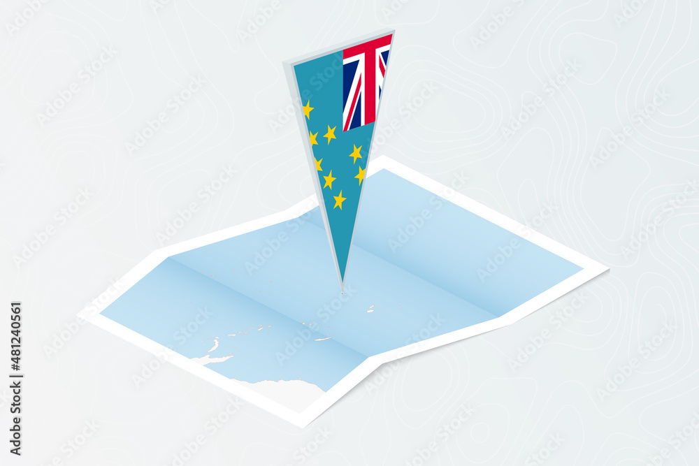 Isometric paper map of Tuvalu with triangular flag of Tuvalu in isometric style. Map on topographic background.