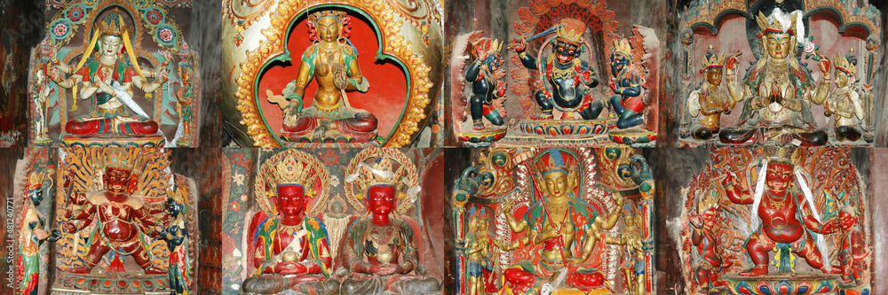 Set of tibetan deities statues in the tibetan monastery in China