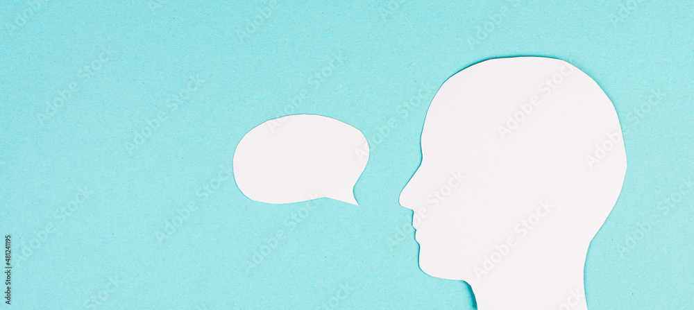 Silhouette of a face, speech bubble in white color, copy space for text, communication, having an opinion, free speech
Silhouette of a face, speech bubble in white color, copy space for text, communication, having an opinion, free speech