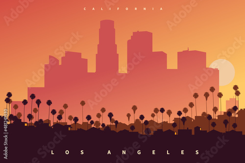 Fotografie, Obraz Downtown Los Angeles skyline at sunset, California, USA