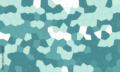 Abstract graphic mosaic or puzzle consists of aqua blue white polygons. Laconic geometric marine texture. Conceptual minimal flat design. Digital artwork. Great as cover, print, blank, background.