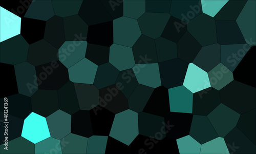 Abstract dark mosaic or puzzle consists of green emerald black polygons. Laconic glowing wallpaper. Conceptual geometric flat design. Digital artwork. Great as cover, print, blank, pattern, texture.