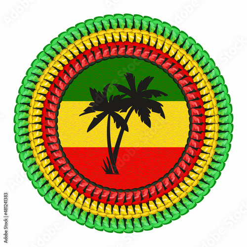 Round Rasta Logo with Black Palms Silhouette on Green Yellow Red Background. Vector Illustration.