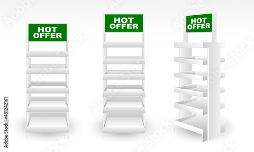 vector sale promotion shelf blank empty realistic, promotion shelf retail trade stands various types and sizes.