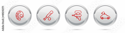 Set line Palette, Baseball bat with ball, Water gun and Radio controlled car toy. Silver circle button. Vector
