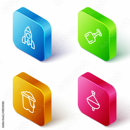 Set Isometric line Rocket ship toy, Shovel, Sand in bucket and Whirligig icon. Vector
