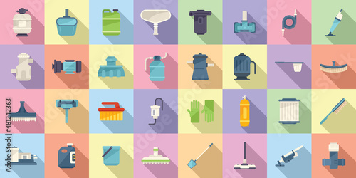 Pool cleaning icons set flat vector. Brush backet