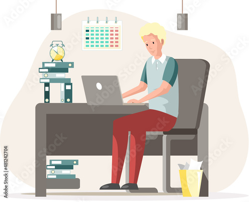 Working male character employee in office sitting at table with computer typing on keyboard communicating. Man freelancer sitting at home with laptop. Young clerk at desk with tablet pc doing his work