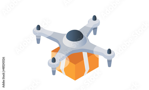 Drone with package box isolated on white. Modern technologies for delivery entertainments photo and video shooting. Business logistics company smart technologies. Industrial internet of things concept