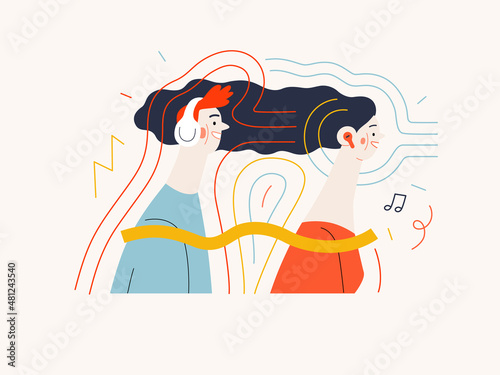 Technology Memphis - music streaming -modern flat vector concept digital illustration of young people wearing headphones listening the music, streaming application. Creative landing web illustration