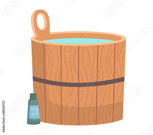 Wooden tub for bath. Pot, bucket with blue water. Cracks in boards. Sauna water basin icon. Bathhouse element bathtube. Wellness spa procedures in wooden water barrel. Vat made with plank isolated
