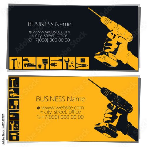 Electric screwdriver drill in hand. Business card for the handyman