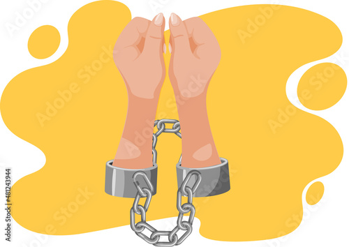 Hands tied with iron chain, handcuffed hands, symbol of slavery, bondage, restriction of freedom. Dependency concept, inactive person. Addiction of character on something, confines on action