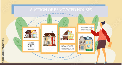 Auction of renovated houses. Before and after creative concept, restoration of old building, home repair. Reconstruction of cottage facade. Building maintenance service, secondary houses market