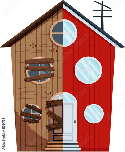 Home renovation, house before and after repair. New and old suburban cottage. Remodel construction. Old run-down house remodeled into cute traditional suburban cottage. Building maintenance service
