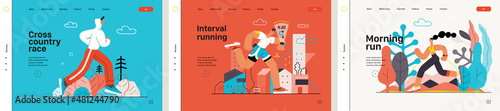 Runners website templates set. Flat vector concept illustrations of athletes running in a park, forest, stadium track or street landscape. Healthy activity and lifestyle. Sprint, jogging, warming up.