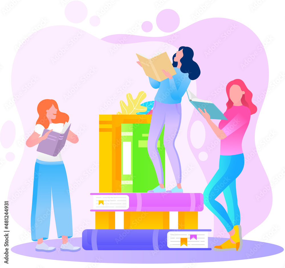 Reading people flat character set with books magazines literature isolated vector illustration. Young male and female readers dressed in trendy clothes relaxing at home with books or textbooks Reading people flat character set with books magazines literature isolated vector illustration. Young male and female readers dressed in trendy clothes relaxing at home with books or textbooks