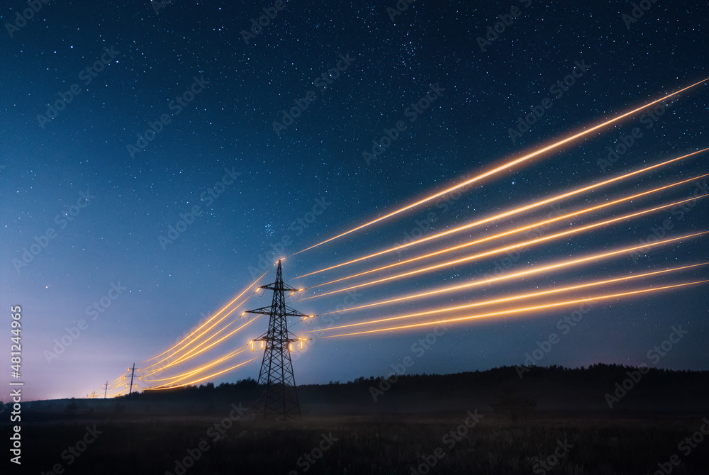 Electricity transmission towers with orange glowing wires the starry night sky. Energy infrastructure concept. - obrazy, fototapety, plakaty 