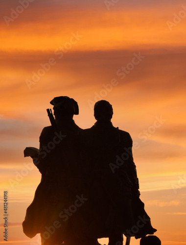 sunset and a sillouette of Lewis and clark on the Oregon coast at Seaside, at the turnaround. Historically the Turnaround is where Lewis & Clark ended their journey.