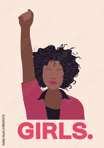Feminist woman raised up clenched fist. Feminism girl power symbol in flat vector illustration for International Women day