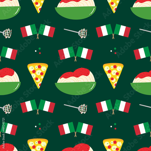 Italian food vector seamless pattern background with pasta, pizza, flags of Italy.