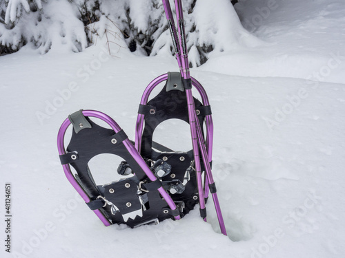 metal snowshoes and walking poles sticking out of deep snow