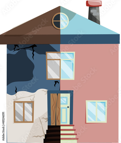 Home renovation, house before and after repair. New and old suburban cottage. Remodel construction. Old run-down house remodeled into cute traditional suburban cottage. Building maintenance service