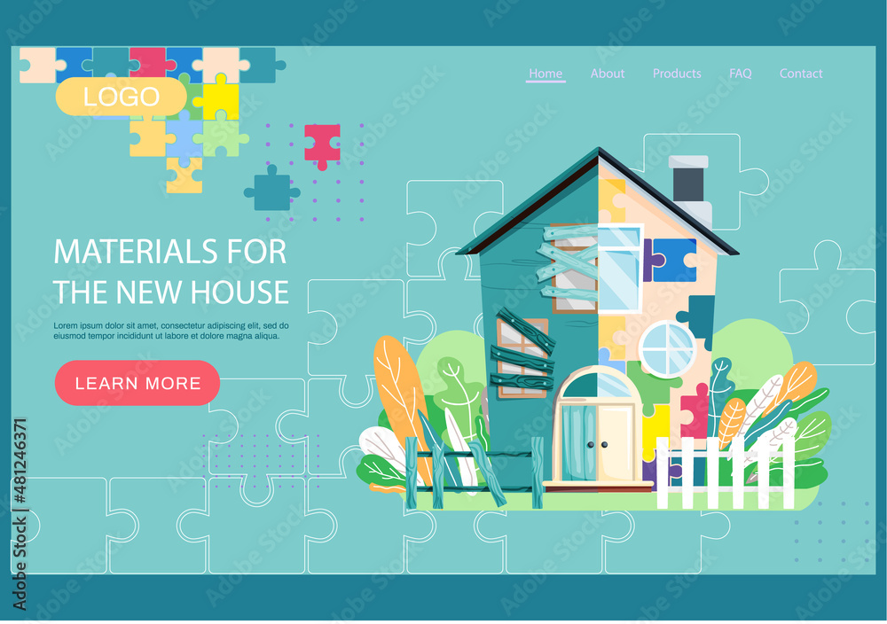 Materials for new house landing page template. Construction and building industry accessories, equipment web site. Goods for interior and facade repairs. Building maintenance and development service