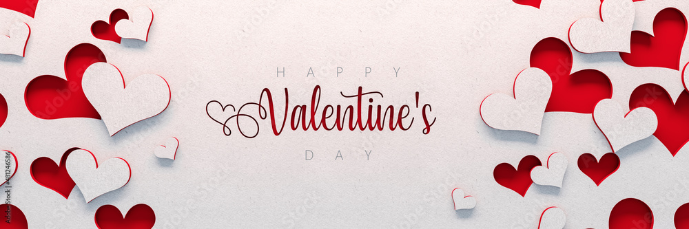Happy Valentine's Day text with cutout paper hearts on white background 3D Rendering, 3D Illustration	 - obrazy, fototapety, plakaty 