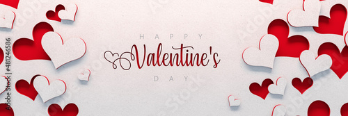 Happy Valentine's Day text with cutout paper hearts on white background 3D Rendering, 3D Illustration	