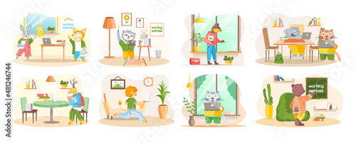 Animal characters students or pupils spending time in school. Cute cartoon beasts at school with textbook  schoolbag studying in classroom. Back to school concept  education theme scenes set
