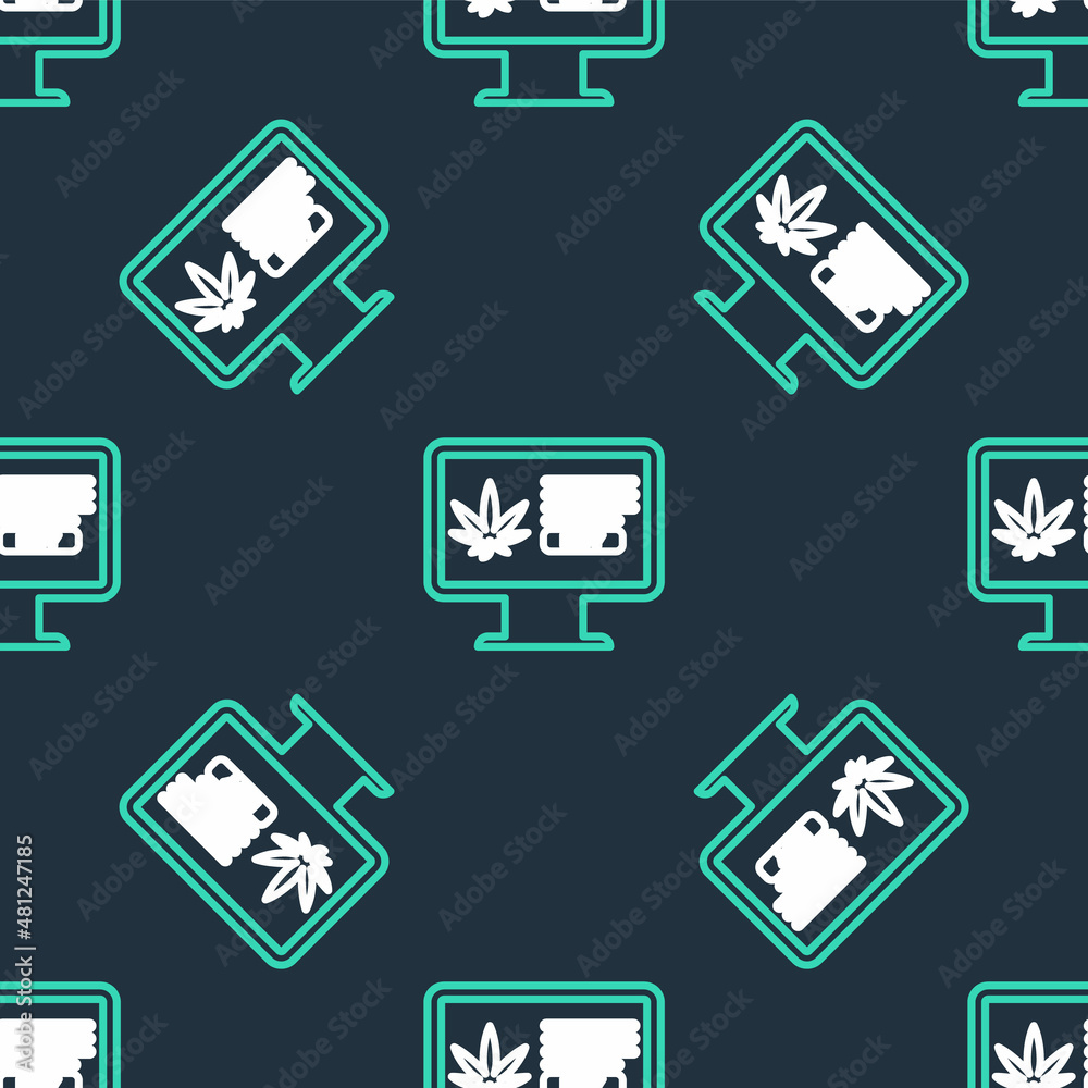 Line Computer monitor and medical marijuana or cannabis leaf icon isolated seamless pattern on black background. Online buying symbol. Supermarket basket. Vector Line Computer monitor and medical marijuana or cannabis leaf icon isolated seamless pattern on black background. Online buying symbol. Supermarket basket. Vector