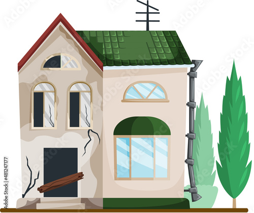 Home renovation, house before and after repair. New and old suburban cottage. Remodel construction. Old run-down house remodeled into cute traditional suburban cottage. Building maintenance service