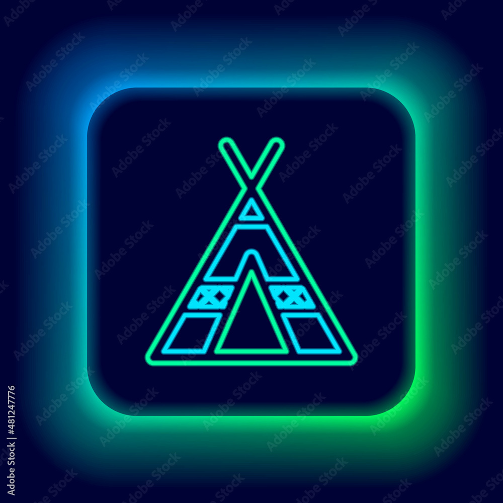 Glowing neon line Tourist tent icon isolated on black background. Camping symbol. Colorful outline concept. Vector Glowing neon line Tourist tent icon isolated on black background. Camping symbol. Colorful outline concept. Vector