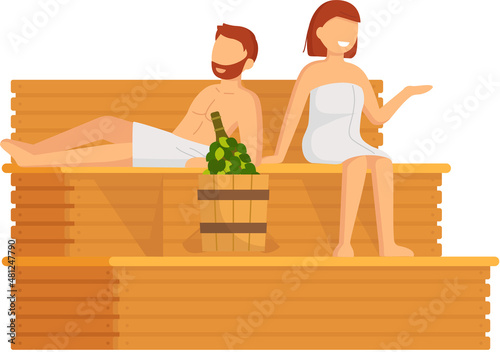 Cartoon people characters taking steam bath together. Flat vector illustration. Woman and man enjoying baths and steam, hammam with sauna whisk. Relax, health, bathhouse concept, wellness procedure