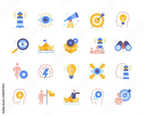 Vision and innovation business icon set. Colorful stickers with eyes, lighthouse, entrepreneur, binoculars and goal. Design element for app. Cartoon flat vector collection isolated on white background