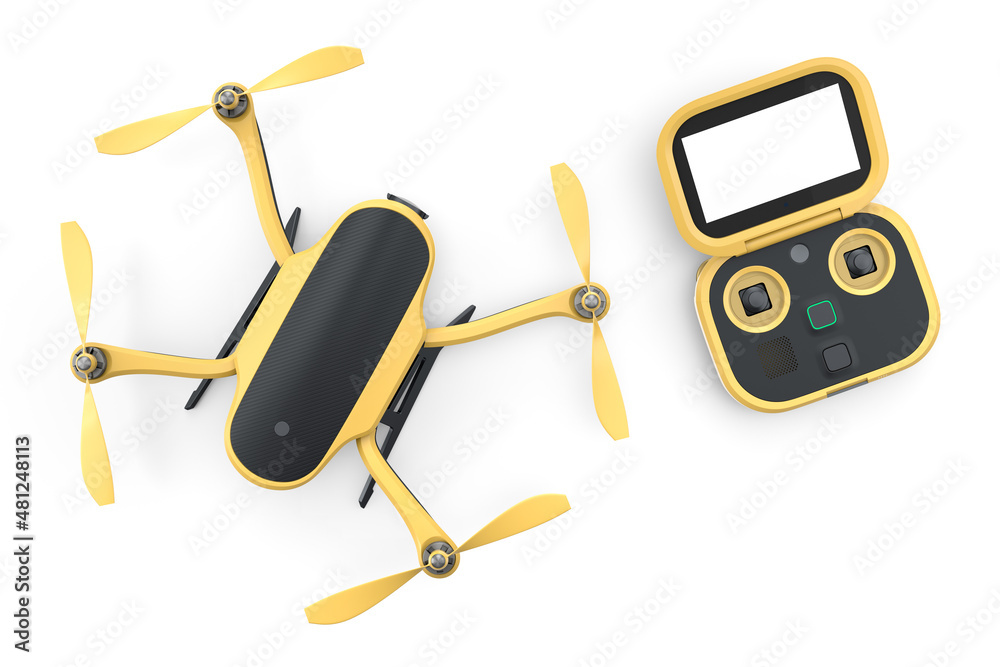Photo and video drone or quad copter with action camera and remote on white Photo and video drone or quad copter with action camera and remote on white