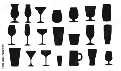 Black silhouette style beer wine and water glasses mugs vector illustration on white background