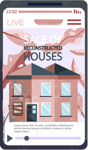 Creative mobile real estate sale web concept. Sale of reconstructed houses advertising announcement banner. Home renovation, building maintenance service, sale of used homes on secondary market