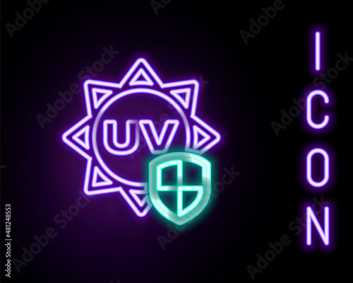 Glowing neon line UV protection icon isolated on black background. Sun and shield. Ultra violet rays radiation. SPF sun sign. Colorful outline concept. Vector