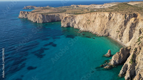 Aerial drone photo of beautiful emerald crystal clear beach and rocky bay of Plathiena, Milos island, Cyclades, Greece © aerial-drone